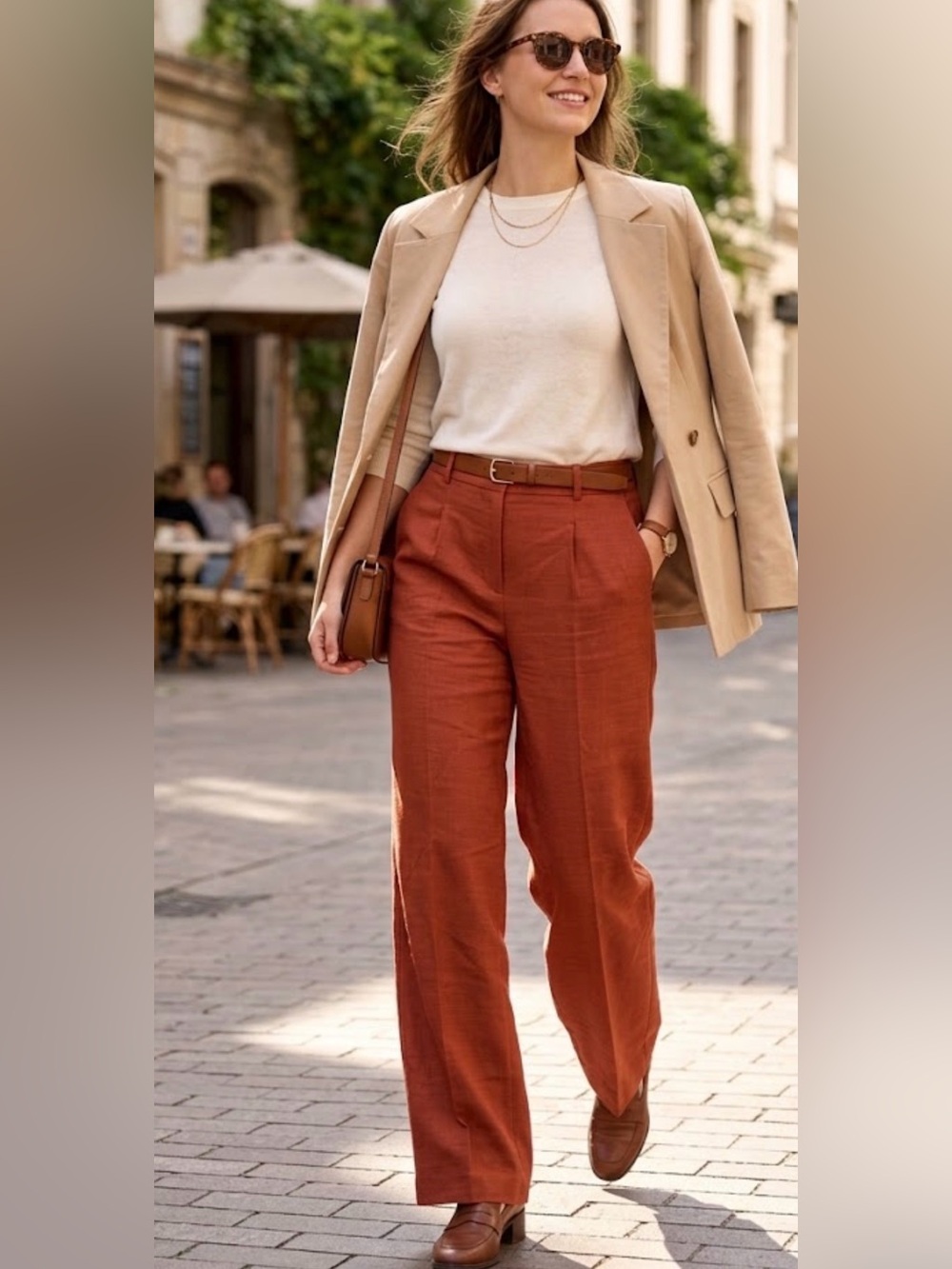 Sezane Paris Terracotta Wide-Leg High-Waisted Trousers with Pintuck Details